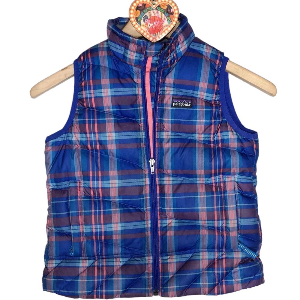 Patagonia Girls’ Down Vest Plaid Blue Pink